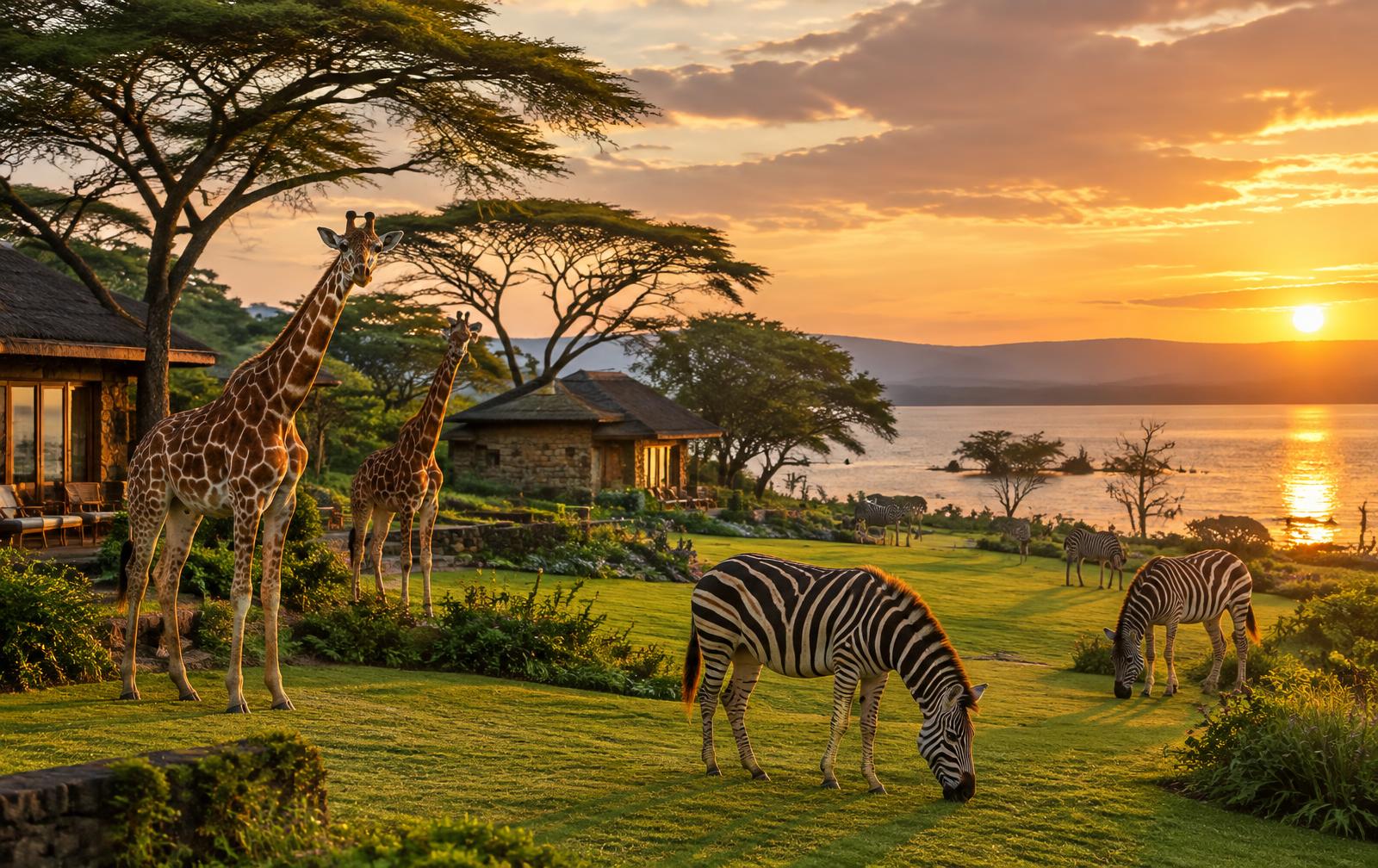 Giraffes on the lodge lawns by Lake Naivasha